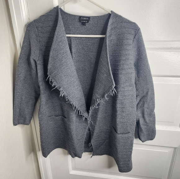 Talbots merino wool fringe Gray cardigan Large - Picture 1 of 6